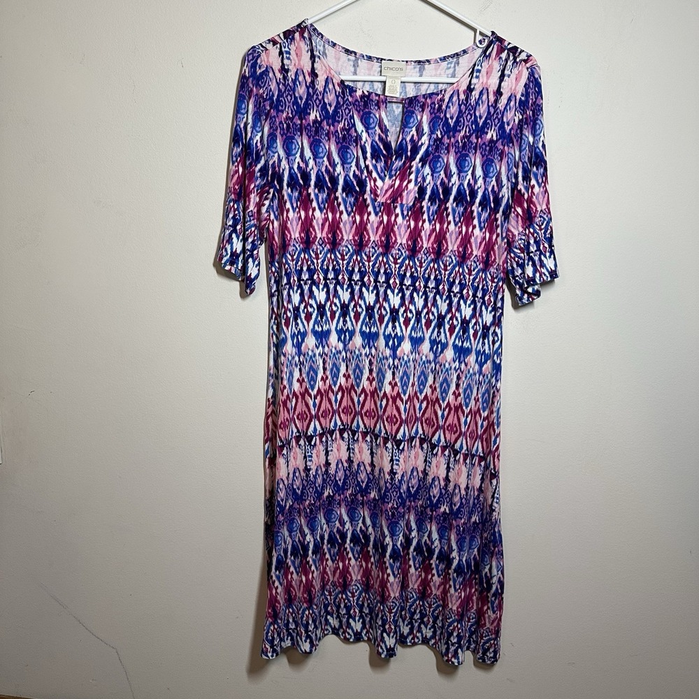 Chico's 0 Jersey Knit Dress Small 4-6‎ Purple Pink  Ikat  Short Sleeve S Midi